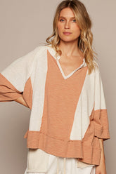 POL Notched Frayed Edge Contrast Top Natural Topaz OutfitFlow