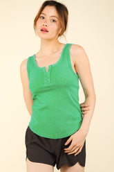 VERY J Washed Ribbed Tank with Placket Detail Green OutfitFlow