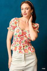 Umgee Floral Smocked Peplum Blouse Pink OutfitFlow