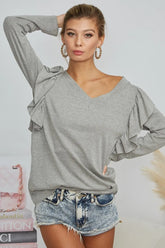 BiBi Triblend V Neck Top with Shoulder Shrring Detail H GREY OutfitFlow