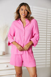Mandy Textured Shirt and Elastic Waist Shorts Set Fuchsia Pink OutfitFlow