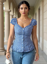 Striped Cap Sleeve Shirt Dusty Blue OutfitFlow