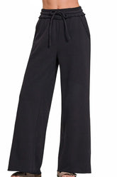 Zenana Fleece Exposed Seam Wide Leg Sweatpants BLACK OutfitFlow