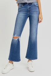 RISEN Full Size Distressed High Rise Crop Flare Jeans Dark OutfitFlow