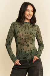 Davi & Dani Floral Mesh Long Sleeve Sheer Layering Top ARMY OLIVE OutfitFlow
