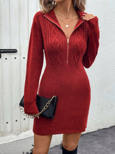 Perfee Cable-Knit Half Zip Long Sleeve Sweater Dress Scarlet OutfitFlow