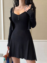 V-Neck Cami Dress and Cardigan Set Black OutfitFlow