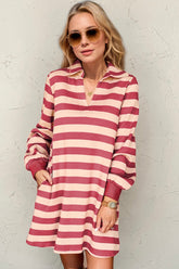 Double Take Full Size Striped Contrast Collared Neck Long Sleeve Dress Deep Rose OutfitFlow