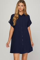 She + Sky Full Size Button Down Short Sleeve Woven Shirt Dress Plus Size Dark Navy OutfitFlow