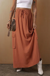Drawstring Maxi Skirt with Pockets Caramel OutfitFlow