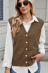 Button Down V-Neck Sweater Vest Taupe OutfitFlow