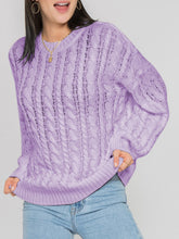 Openwork Round Sleeve Cable-Knit Sweater Lavender OutfitFlow