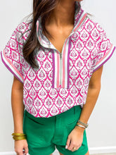 Printed Half Zip Short Sleeve Blouse Pink OutfitFlow