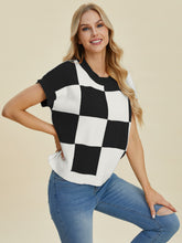 Double Take Full Size Checkered Round Neck Short Sleeve Sweater Black OutfitFlow