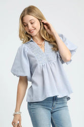 Umgee Smocked Puff Sleeve Blouse Light Blue OutfitFlow