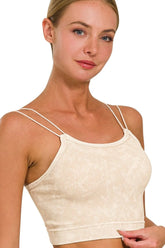 Zenana Washed Ribbed Seamless Double Strap Brami SAND BEIGE OutfitFlow
