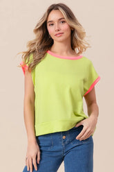 BiBi Cord Rib Knit Contrast Banded Top LIME NEON PINK OutfitFlow