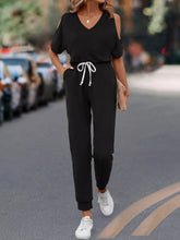 Cold Shoulder V-Neck Drawstring Waist Jumpsuit Black OutfitFlow