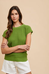 Annie Wear Round Neck Short Sleeve Sweater Moss OutfitFlow