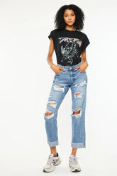 Kancan Mid Rise Distressed Boyfriend Fit Jeans MEDIUM OutfitFlow