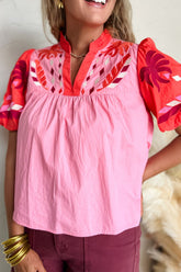 Embroidered Notched Short Sleeve Babydoll Blouse Pink OutfitFlow