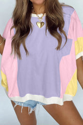 Color Block Patchwork Half Sleeve Oversized T Shirt Lavender OutfitFlow