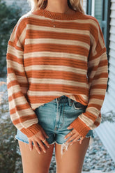 Striped Oversized Dropped Shoulder Sweater Camel OutfitFlow