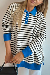 Striped Polo Collar Long Sleeve Sweatshirt Stripe OutfitFlow