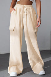 Drawstring Pocketed Wide Leg Pants Ivory OutfitFlow