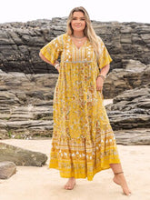 Plus Size Floral Tie Neck Flutter Sleeve Maxi Dress Gold OutfitFlow