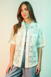 VERY J Plus Size Oversized Crochet Button Down Shirt Top White OutfitFlow