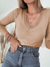Lace-Trimmed Ruched Detail Long Sleeve T-Shirt Camel OutfitFlow