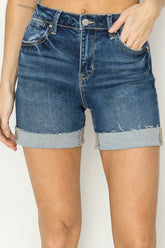 RISEN High Rise Cuffed Denim Shorts Dark OutfitFlow