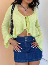 Ruffled Hem Tie-Front Cropped Cardigan Lime OutfitFlow