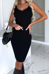 Ribbed Round Neck Top and Cami Dress Sweater Set Black OutfitFlow