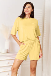 Basic Bae Bamboo Full Size Round Neck Drop Shoulder T-Shirt and Shorts Set Yellow OutfitFlow