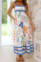 Printed Square Neck Wide Strap Midi Dress Multicolor OutfitFlow