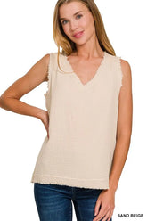 Zenana Double Gauze Raw Edge V-Neck Tank SAND BEIGE OutfitFlow