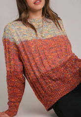 Cable-Knit Color Block Round Neck Long Sleeve Sweater Orange-Red OutfitFlow