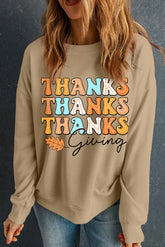 THANKSGIVING Round Neck Dropped Shoulder Sweatshirt Khaki OutfitFlow