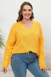 Plus Size Fringe V-Neck Long Sleeve Sweater Banana Yellow OutfitFlow