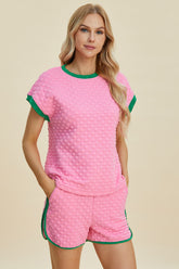 Double Take Full Size Texture Contrast T-Shirt and Shorts Set Pink OutfitFlow