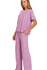Zenana Soft Melange Short Sleeve Tee & Long Pants Set LT PLUM OutfitFlow