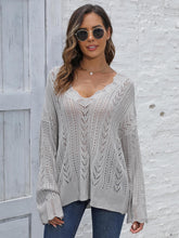 Openwork V-Neck Sweater Dark Gray One Size OutfitFlow