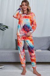 Shiny Tie-Dye Crewneck Top and Drawstring Waist Joggers Lounge Set Orange OutfitFlow