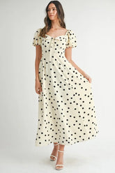 MABLE Polka Dot Puff Sleeve Midi Dress Cream OutfitFlow