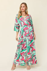 Double Take Full Size Half Sleeve Wide Leg Jumpsuit Green OutfitFlow