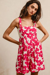 BiBi Floral Prints Tuck Detail Short Overall With Pockets FUCHSIA OutfitFlow
