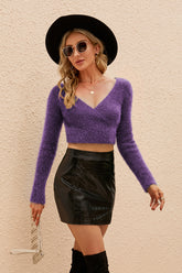 Surplice Long Sleeve Cropped Sweater Purple OutfitFlow