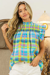 BiBi Multi Color Check Plaid Woven Top LT BLUE YELLOW OutfitFlow